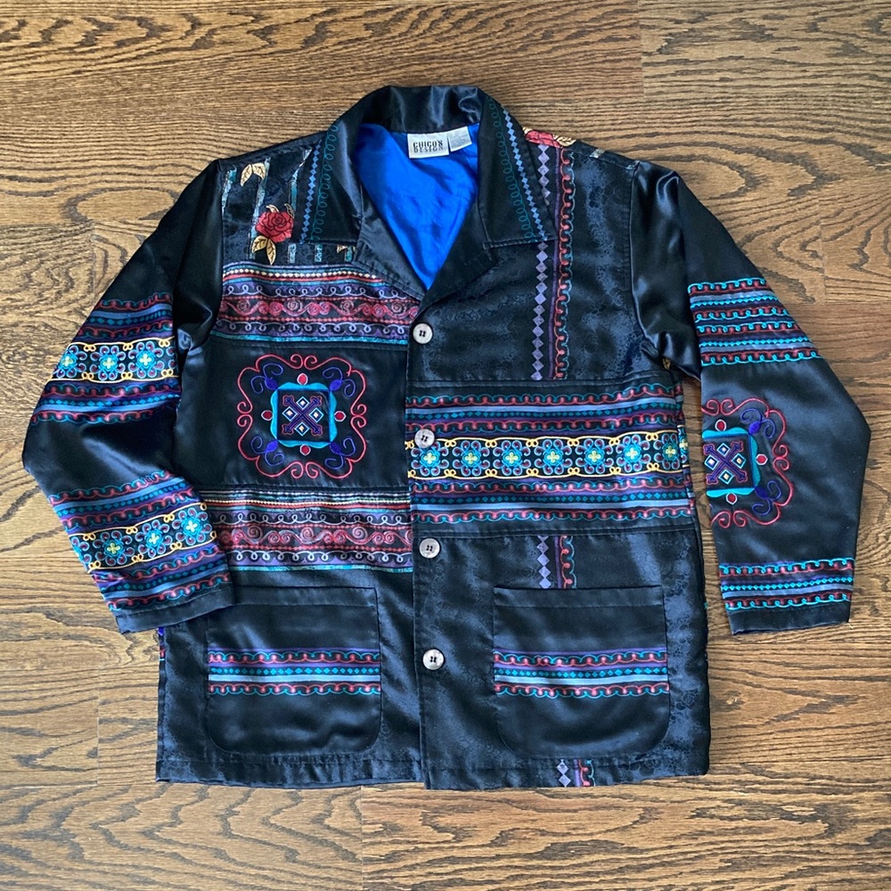 Chico's Black Embroidered Multicolor 100% Silk Women’s Blazer Size Large